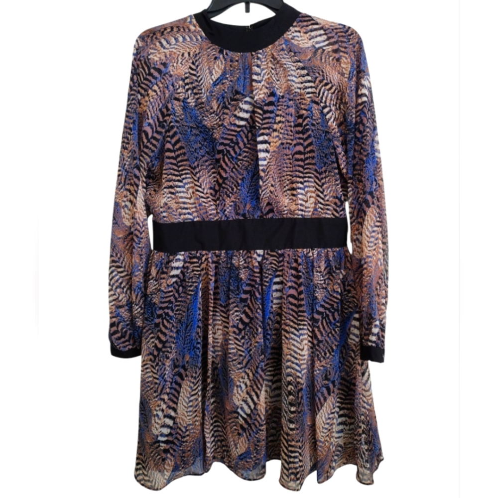 Bongo Elegant Blue and Brown Patterned Back Cutout Dress Size Large
